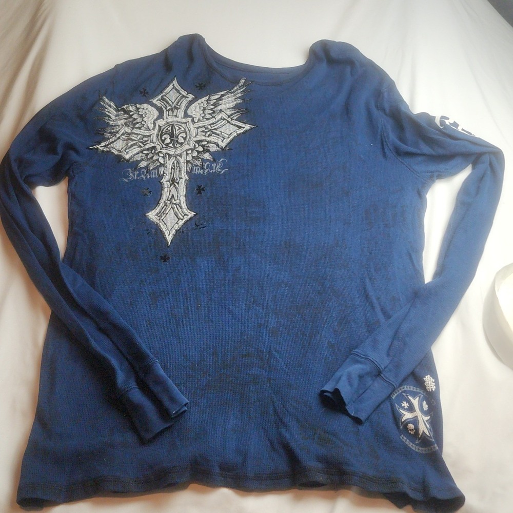 Raw State Premium Long Sleeve Thermal Shirt Blue Cross Wings Graphic Men's